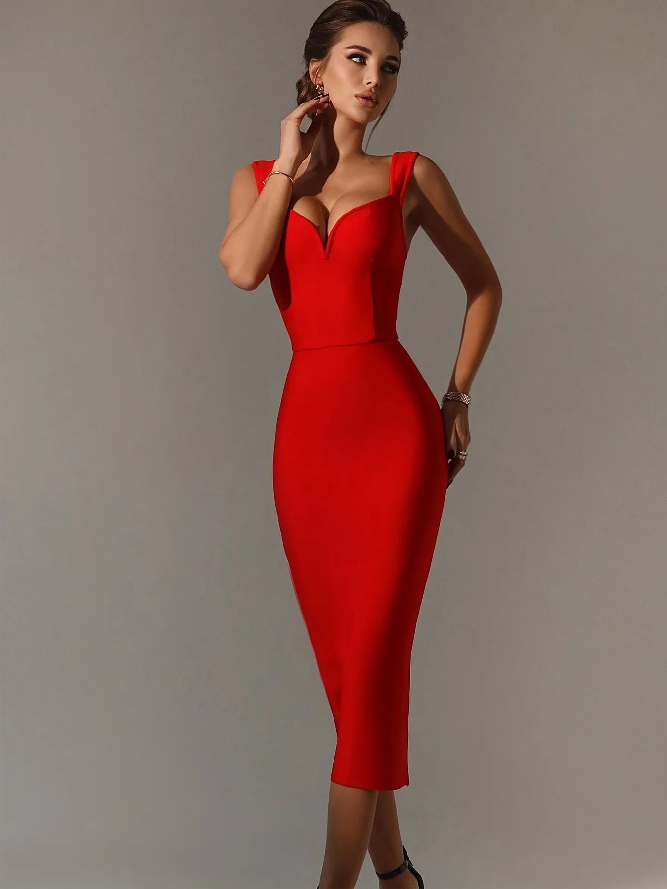 Midi Bandage Dress Women Red Party Dress Bodycon Elegant Sexy V Shaped Spaghetti Strap Evening Birthday Club Outfit 2023 Summer Body-con elegant dress