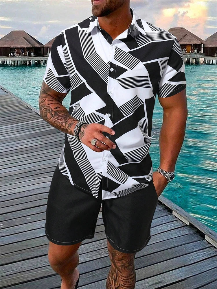 Summer New Men's Short Sleeve Shirt and Shorts 2 Piece Set Fashion Coconut Tree Print Lapel Shirt Beach Drawstring Shorts Set