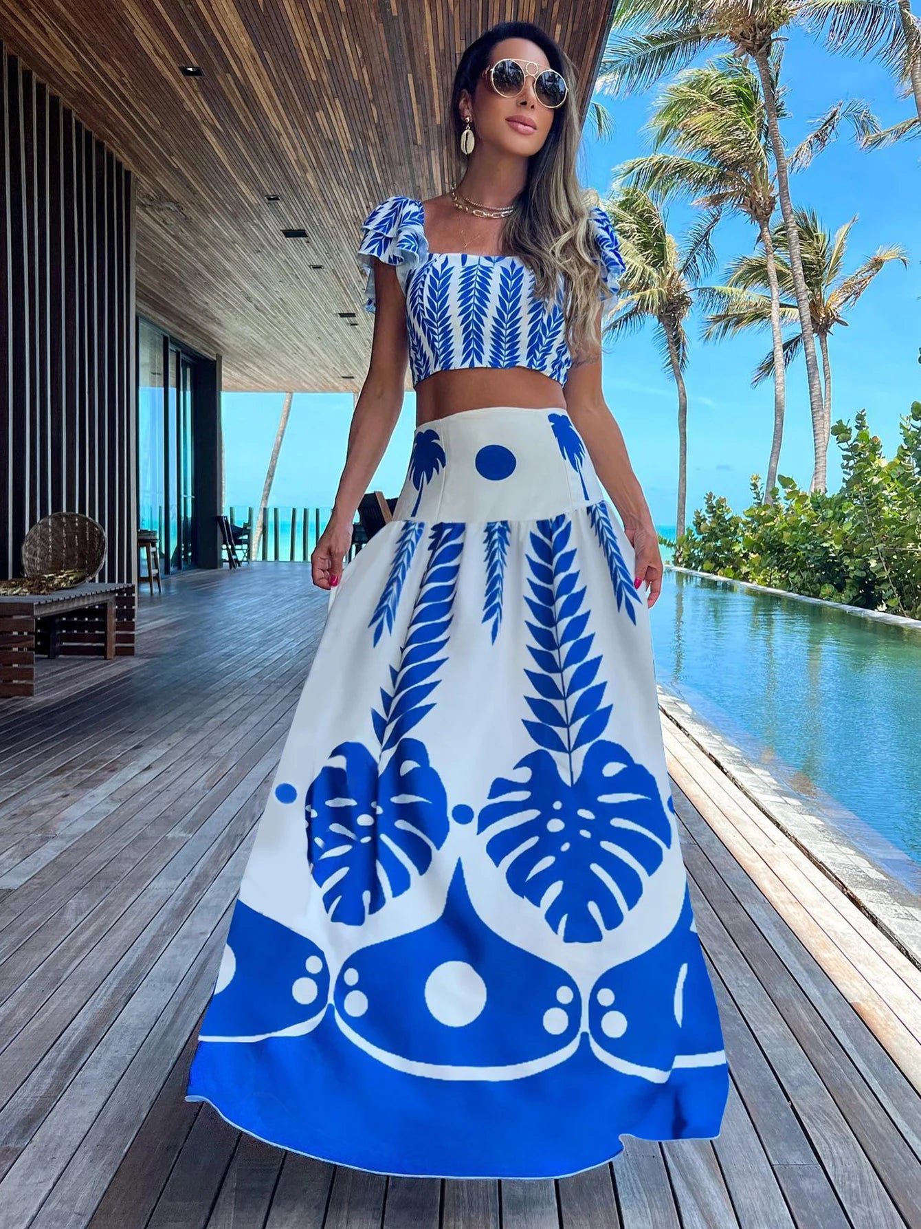Summer New 2/3 Pieces Skirt Sets Long Skirt With Top V-neck Women's Dress High Waist Split Dresses Beach Outing Sundress