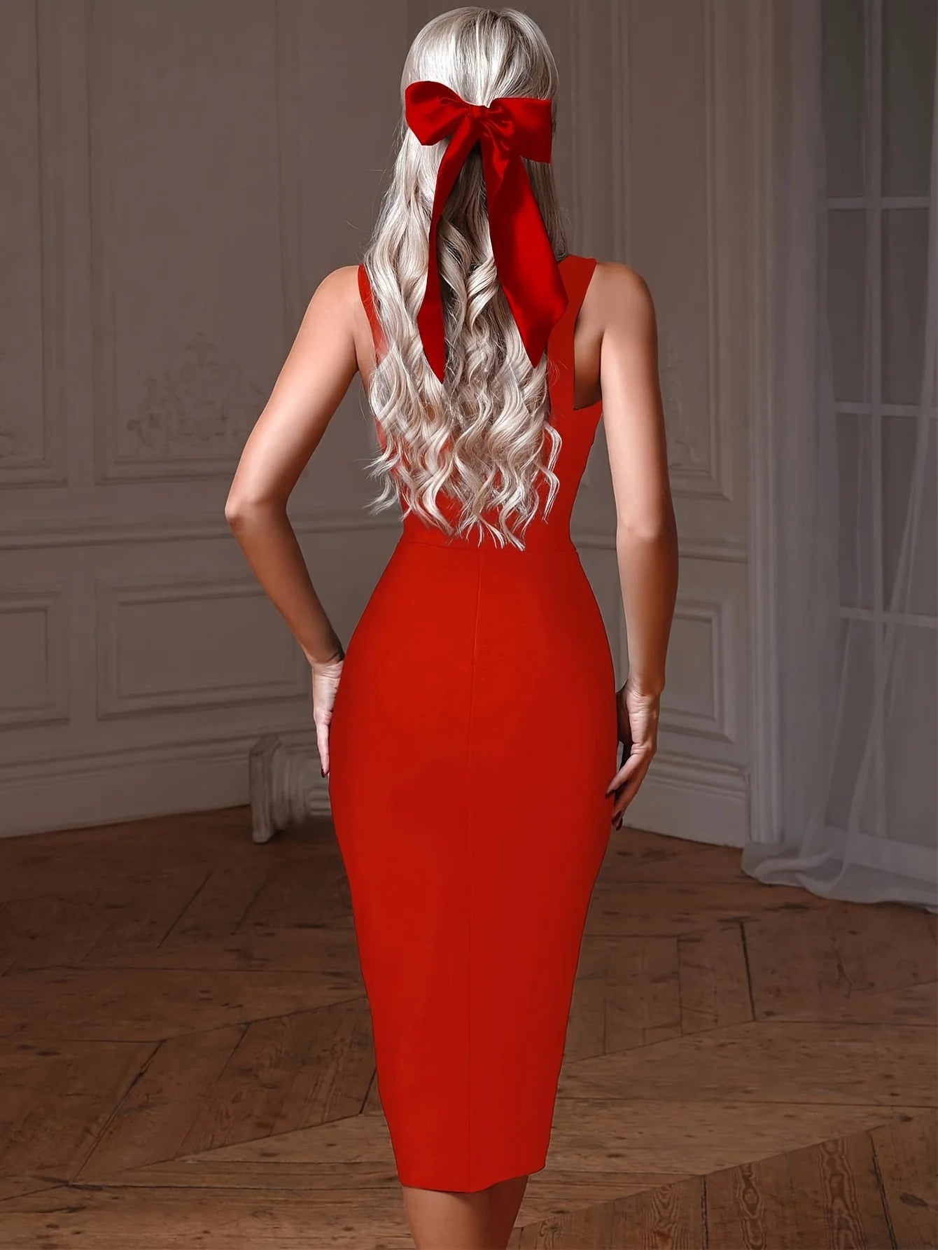 Midi Bandage Dress Women Red Party Dress Bodycon Elegant Sexy V Shaped Spaghetti Strap Evening Birthday Club Outfit 2023 Summer Body-con elegant dress