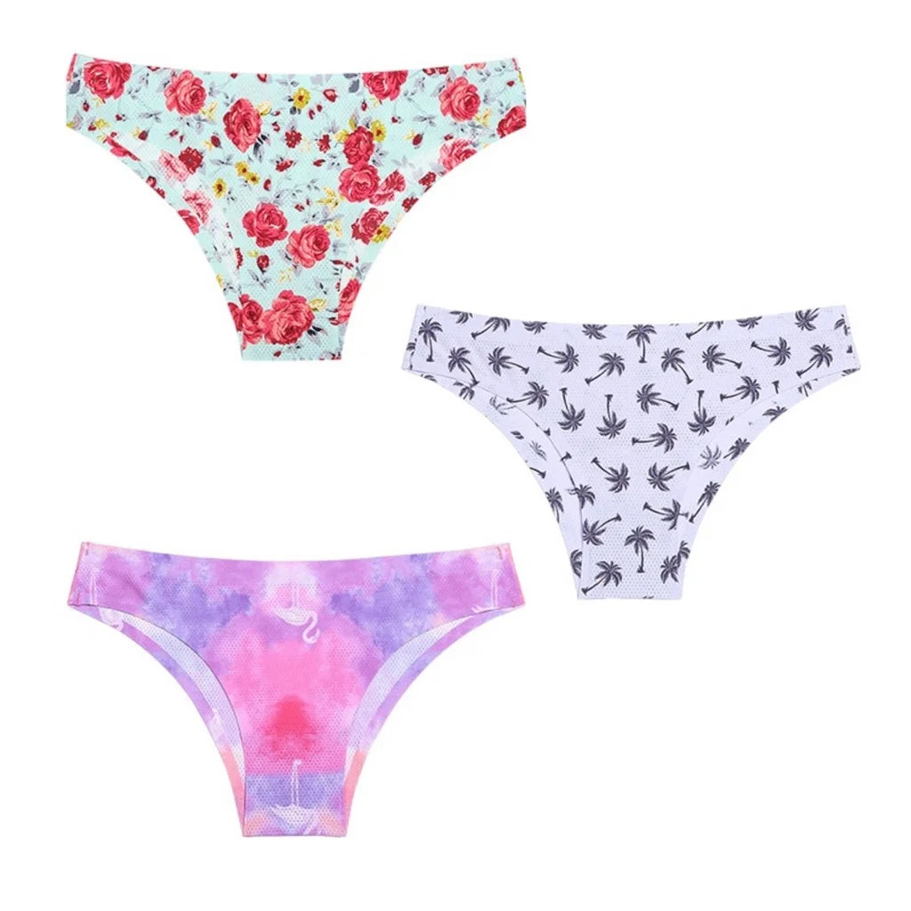 3PCS Ice Silk panties Ultra thin Seamless Underwear Soft Breathable Sexy lingerie Printing Briefs Women XS-L