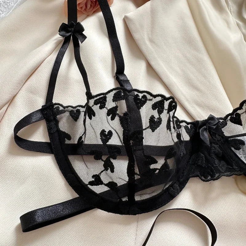 Sexy Lingerie Sets for Women Strap Lace Embroidery Heart-shape Fairy Seamless Underwear See Through Exotic Set Bra and Brief Set