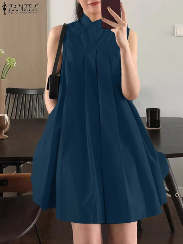 ZANZEA Elegant Sleeveless A-line Vestidos  Women Pleating Party Dress Vintage Fashion Mandarin Collar Robe