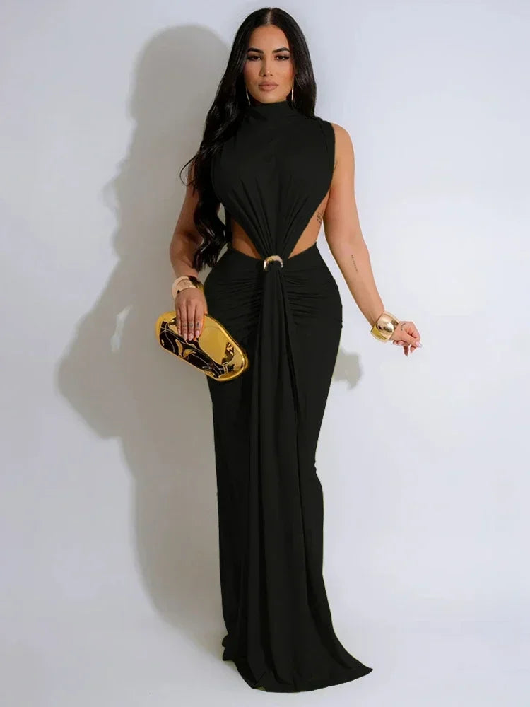 Women O-neck High Split Ruched Stacked Bodycon Midi Maxi Dress 2024 Evening Party Club Vestidos Sexy Chic Long Dresses