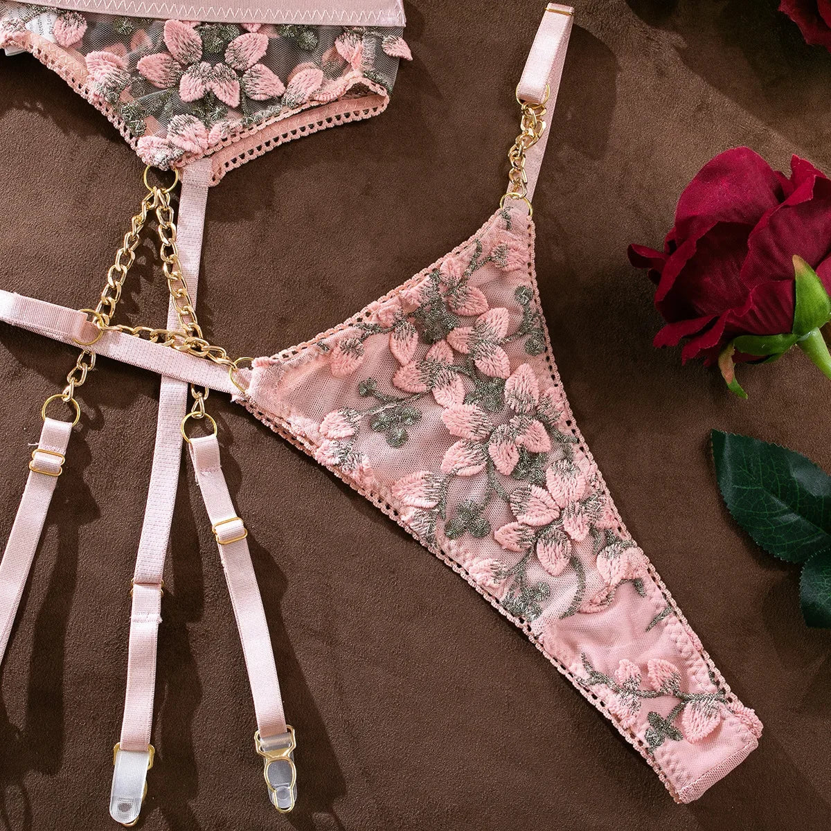 Girl Embroidered Flower Perspective Lingerie Set Women's Sweet Sexy Chain Underwear Female Solid See Though Bra Three Piece Set