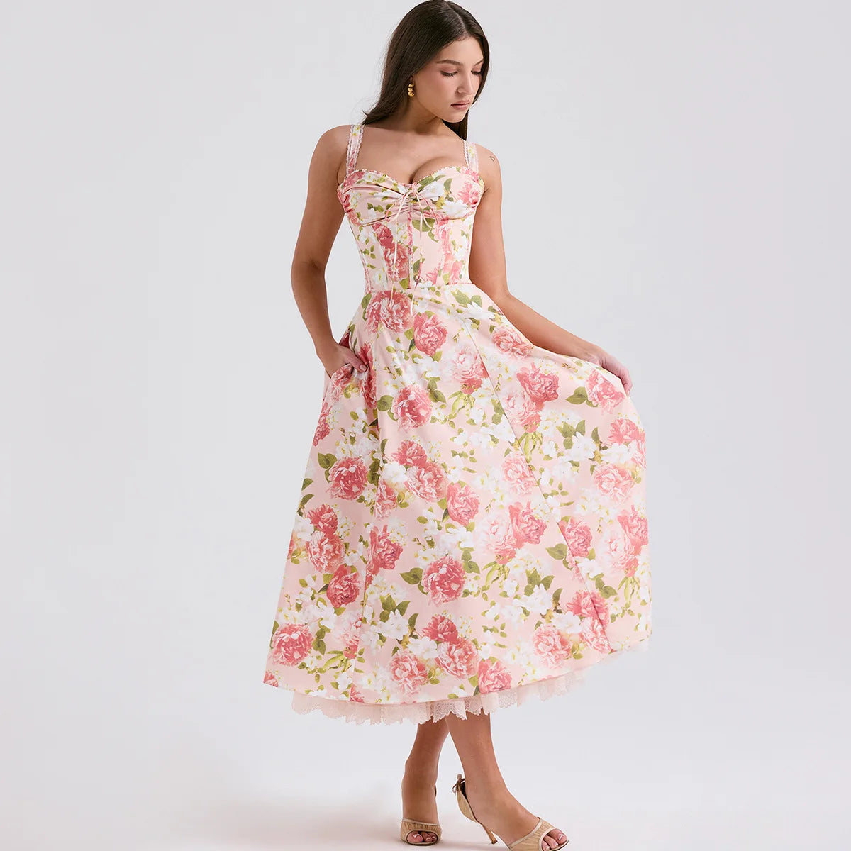Summer Elegant Midi Dress New Arrivals Floral Print Casual Holiday Party Dress Flare Women Dress Wholesale
