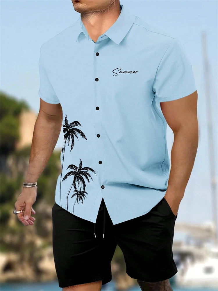 Summer New Men's Short Sleeve Shirt and Shorts 2 Piece Set Fashion Coconut Tree Print Lapel Shirt Beach Drawstring Shorts Set