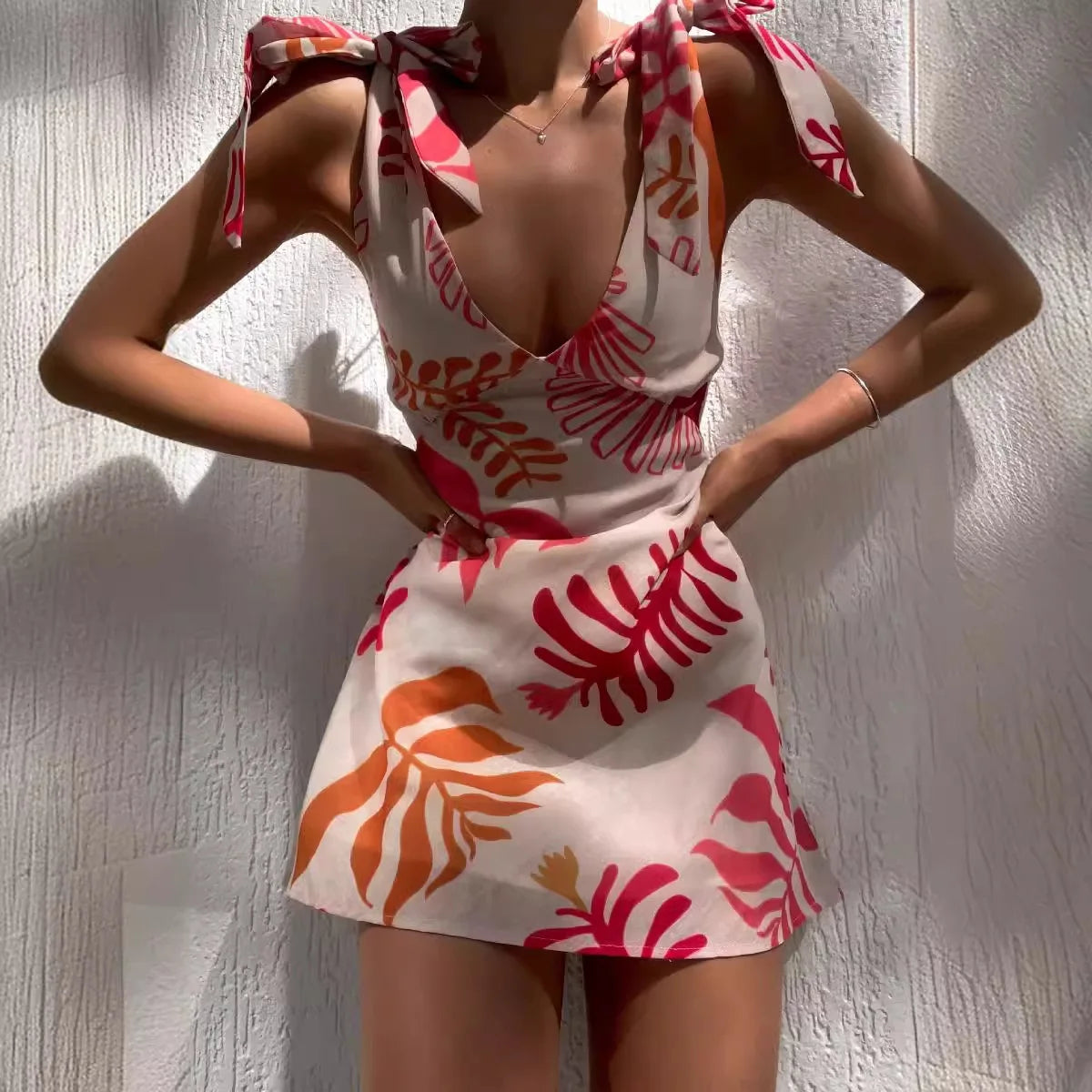 Summer Sexy Leaf Printed Strap Short Skirt Dress For Women V Neck Sleeveless Bow Tie Vacation Party  Beach Mini Dresses Vestidos