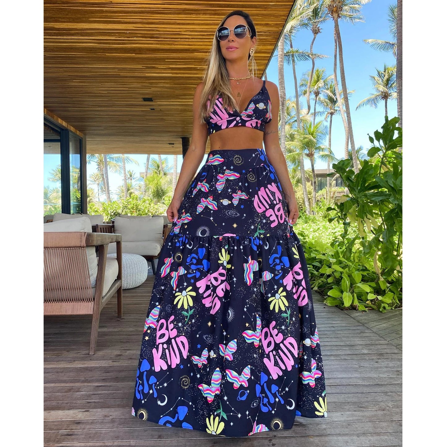 Summer New 2/3 Pieces Skirt Sets Long Skirt With Top V-neck Women's Dress High Waist Split Dresses Beach Outing Sundress
