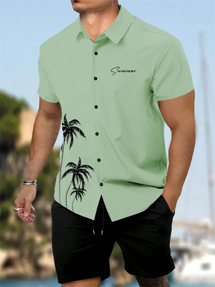 Summer New Men's Short Sleeve Shirt and Shorts 2 Piece Set Fashion Coconut Tree Print Lapel Shirt Beach Drawstring Shorts Set