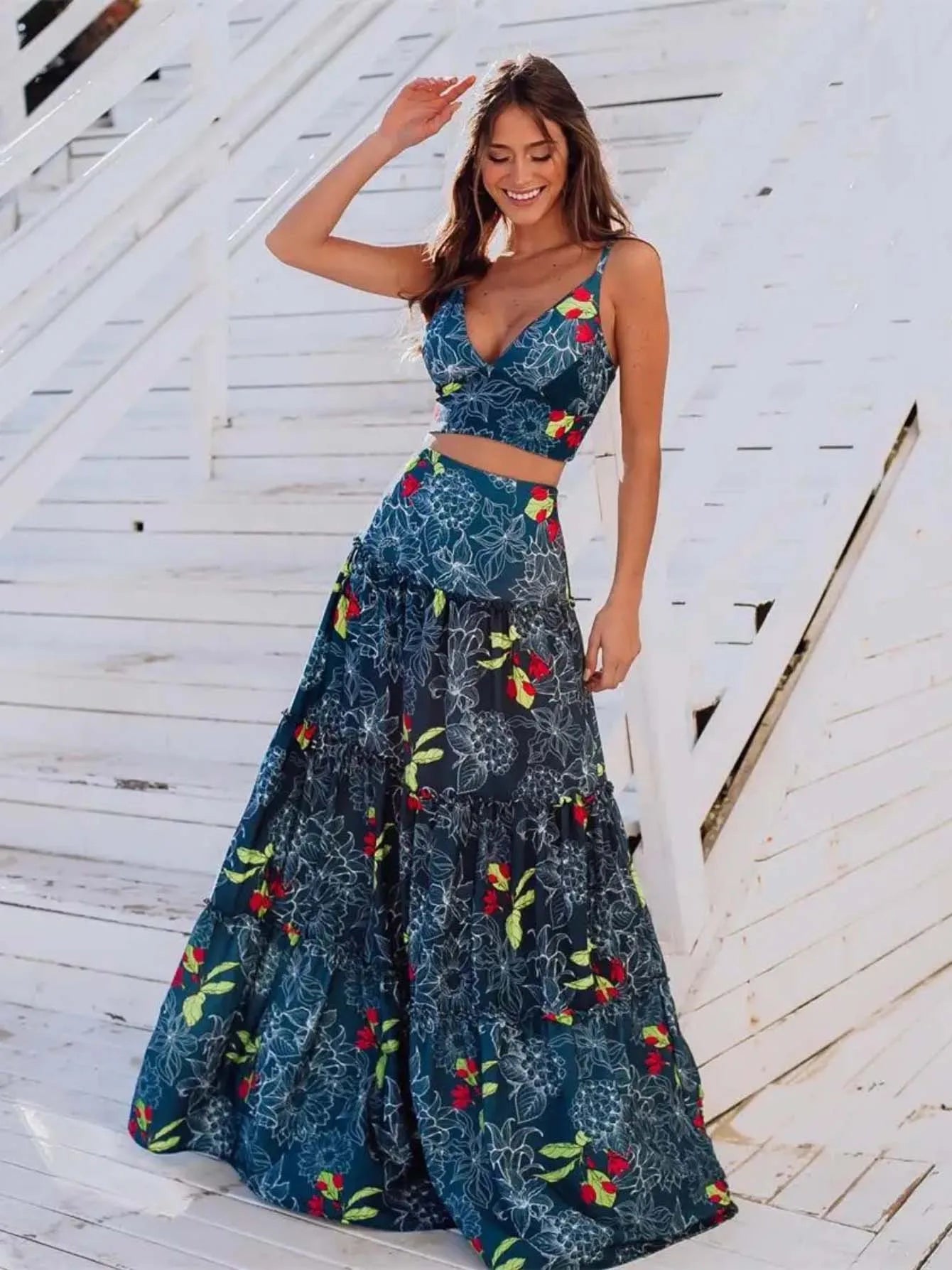 Summer New 2/3 Pieces Skirt Sets Long Skirt With Top V-neck Women's Dress High Waist Split Dresses Beach Outing Sundress
