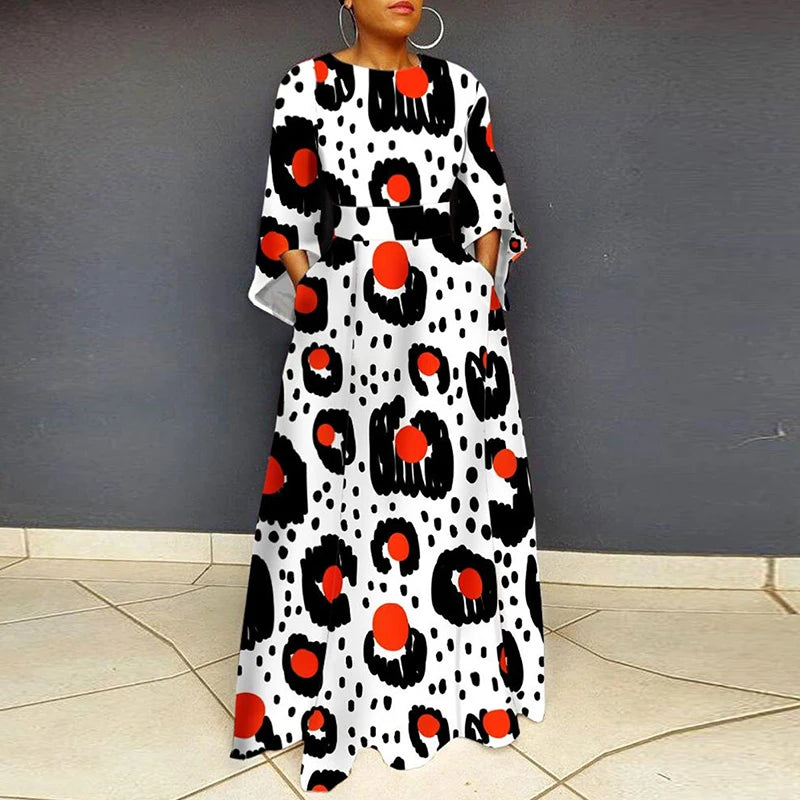 Vintage Women Party Dress Plus Size O Neck 3/4 Sleeve Leopard Print Maxi Long Dress Boho A-Line Pocket Party Dresses