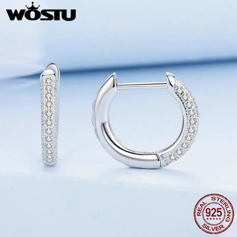 WOSTU 925 Sterling Silver European Simple CZ Ear Buckles Heart Hoop Earrings for Women Wedding Gift Minimalism Jewelry E737