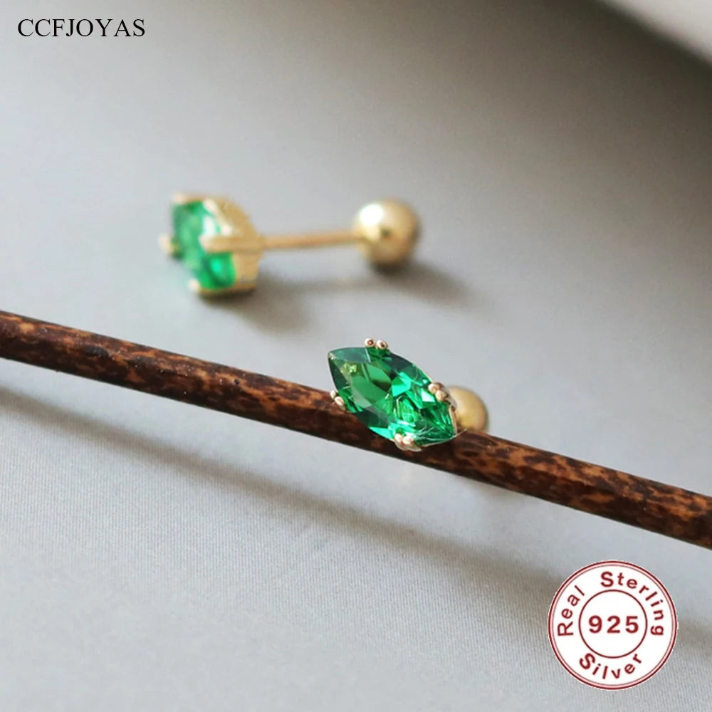 CCFJOYAS 100% 925 Sterling Silver Emerald Marquise Stud Earrings Simple INS Green Zircon Gold Piercing Earrings Fine Jewelry