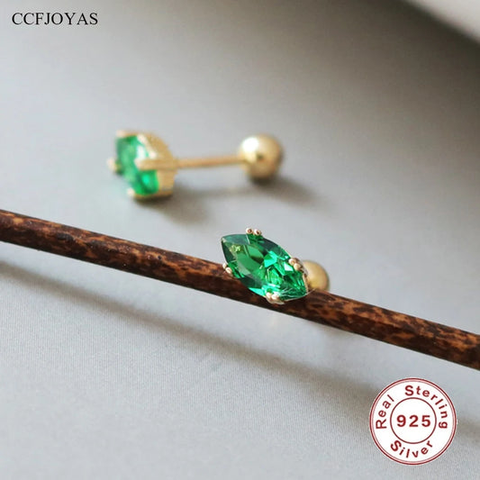 CCFJOYAS 100% 925 Sterling Silver Emerald Marquise Stud Earrings Simple INS Green Zircon Gold Piercing Earrings Fine Jewelry