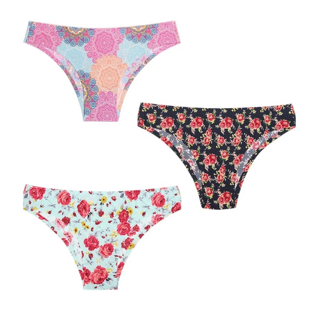 3PCS Ice Silk panties Ultra thin Seamless Underwear Soft Breathable Sexy lingerie Printing Briefs Women XS-L