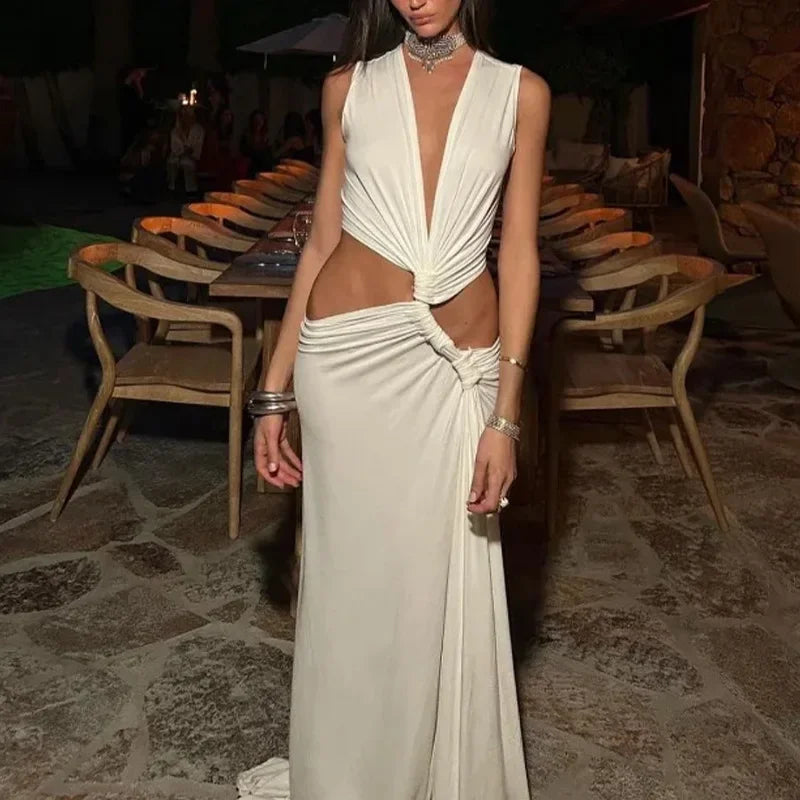 Fashion Party Dress Hollow Out Sexy Slit Evening Dresses for Woman V-neck Off-the-shoulder Sleeveless Formal Prom Gowns Vestidos