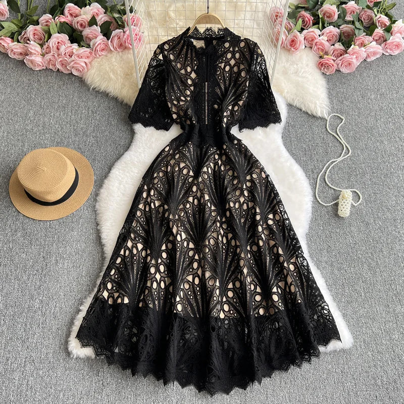 Stock Summer Autumn Holiday Hollow Out Flower Embroidery Lace Evening Prom Dress Women Short Sleeve Midi Long Party Vestidos
