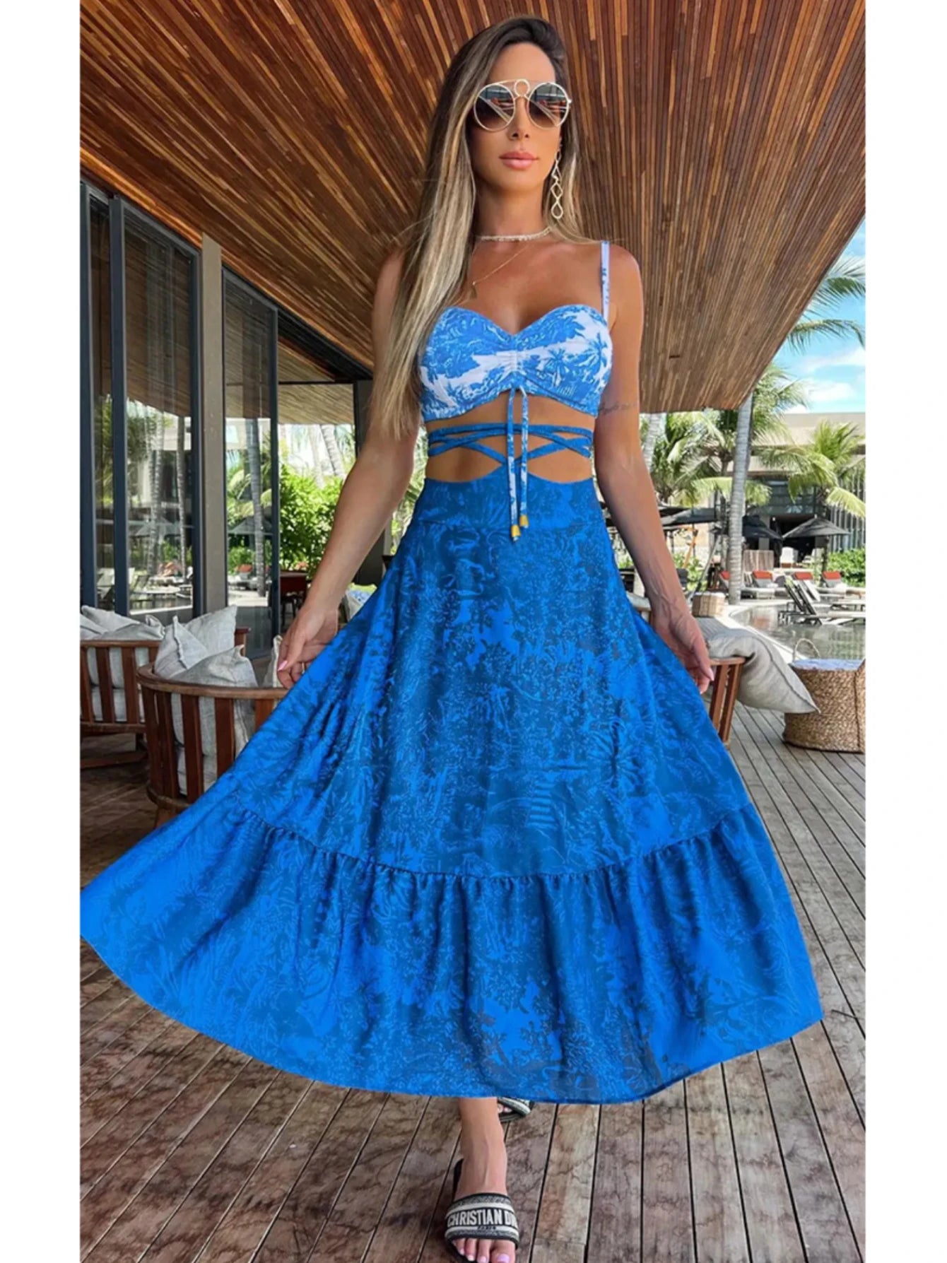 Summer New 2/3 Pieces Skirt Sets Long Skirt With Top V-neck Women's Dress High Waist Split Dresses Beach Outing Sundress