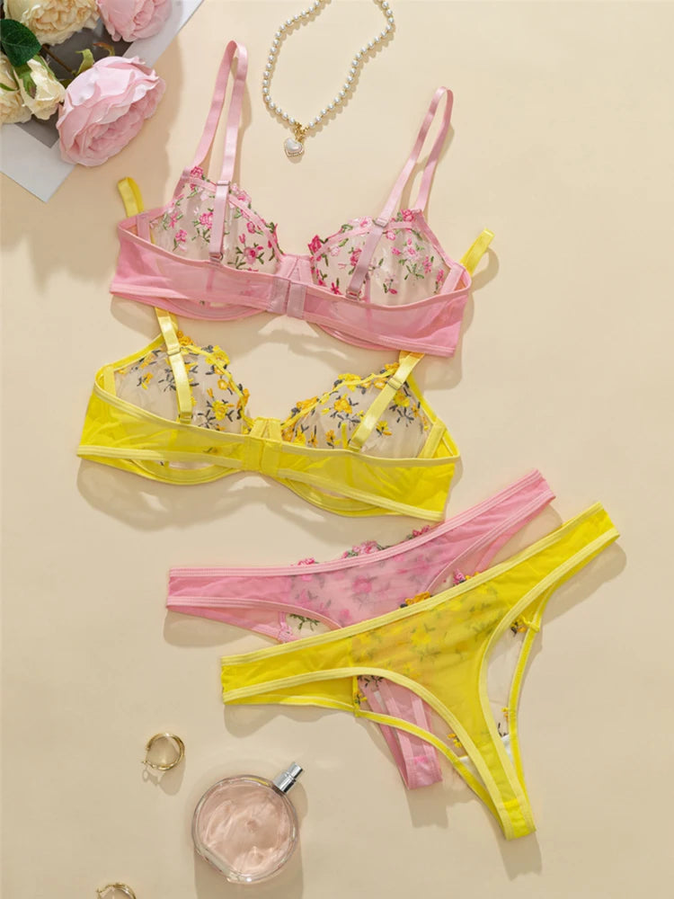 2 Sets Romantic Lingerie Floral Embroidery Women Underwear Transparent Bra Sets Ensemble Sexy Outfit Fantasty Underwear Intimate