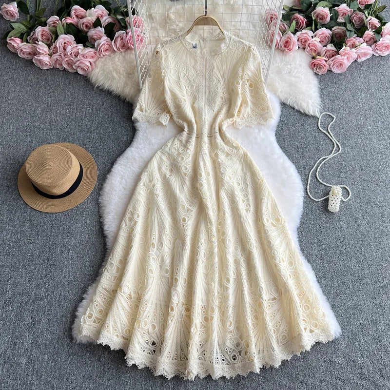 Stock Summer Autumn Holiday Hollow Out Flower Embroidery Lace Evening Prom Dress Women Short Sleeve Midi Long Party Vestidos