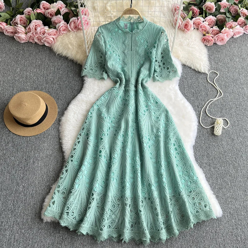 Stock Summer Autumn Holiday Hollow Out Flower Embroidery Lace Evening Prom Dress Women Short Sleeve Midi Long Party Vestidos
