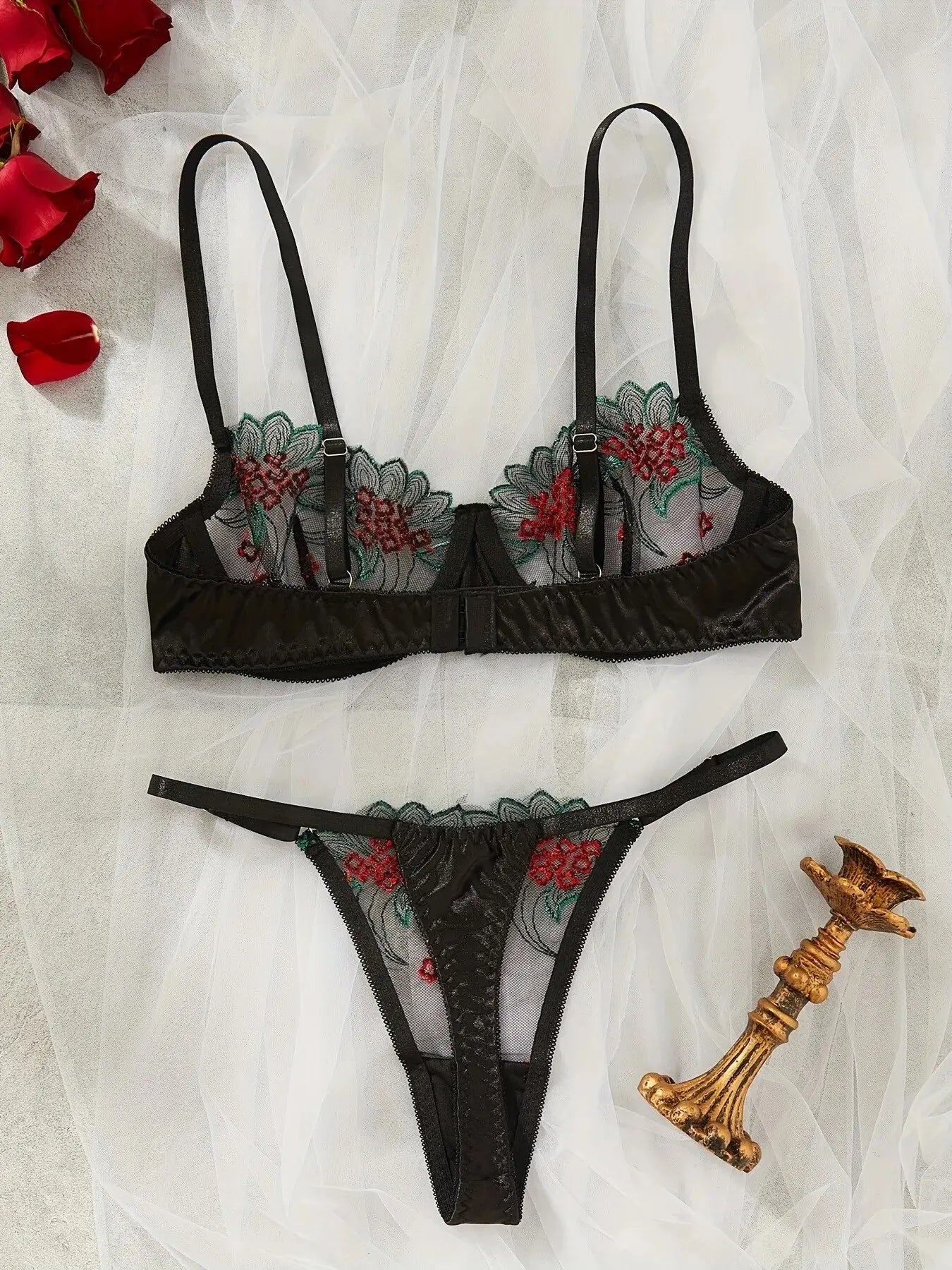 1 Set Floral Embroidery Lingerie Set: Semi-Sheer Unlined Bra & Thong, Mesh Stitching, Comfortable, Hand-Washable
