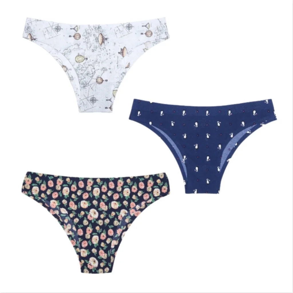 3PCS Ice Silk panties Ultra thin Seamless Underwear Soft Breathable Sexy lingerie Printing Briefs Women XS-L