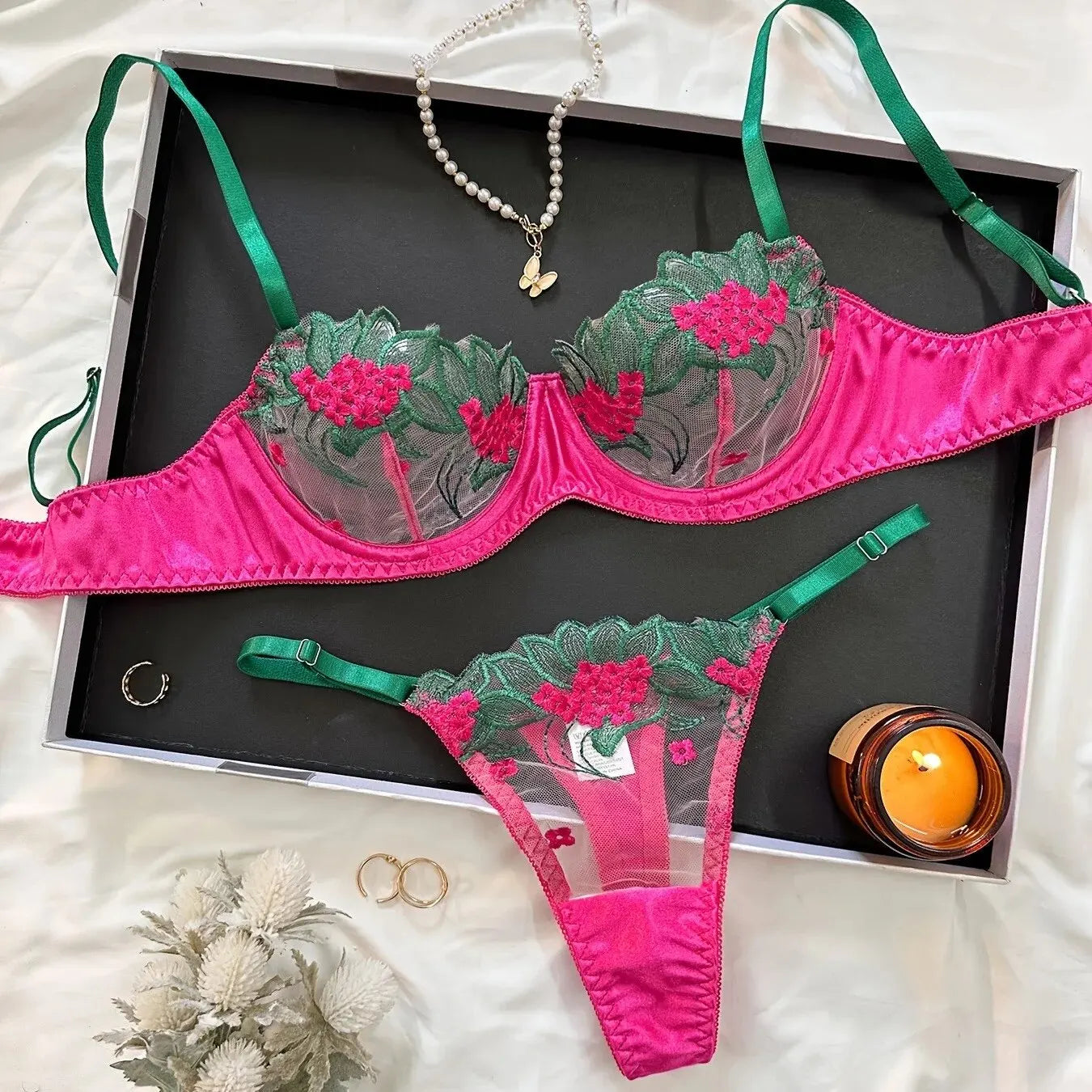 1 Set Floral Embroidery Lingerie Set: Semi-Sheer Unlined Bra & Thong, Mesh Stitching, Comfortable, Hand-Washable