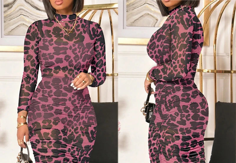 Women 3PCS Crop Top Shorts Set With Leopard Print Mock Neck Long Sleeve Ruched See Through Sheer Mesh Dress