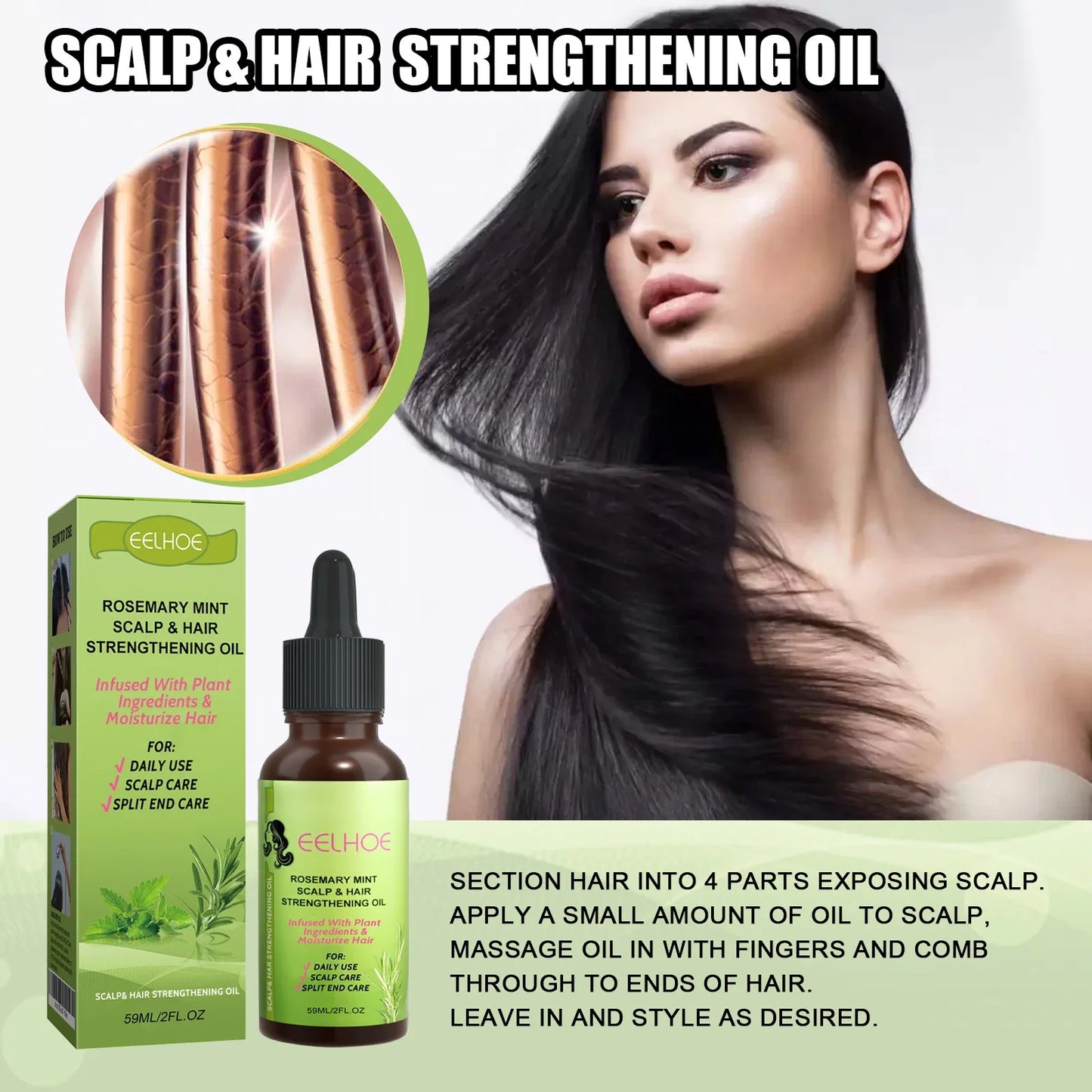 Rosemary Mint Scalp Nutrient Hair Strengthening Oil Biotin Essential Oils Nourishing Treatment Split Ends Dry All Types