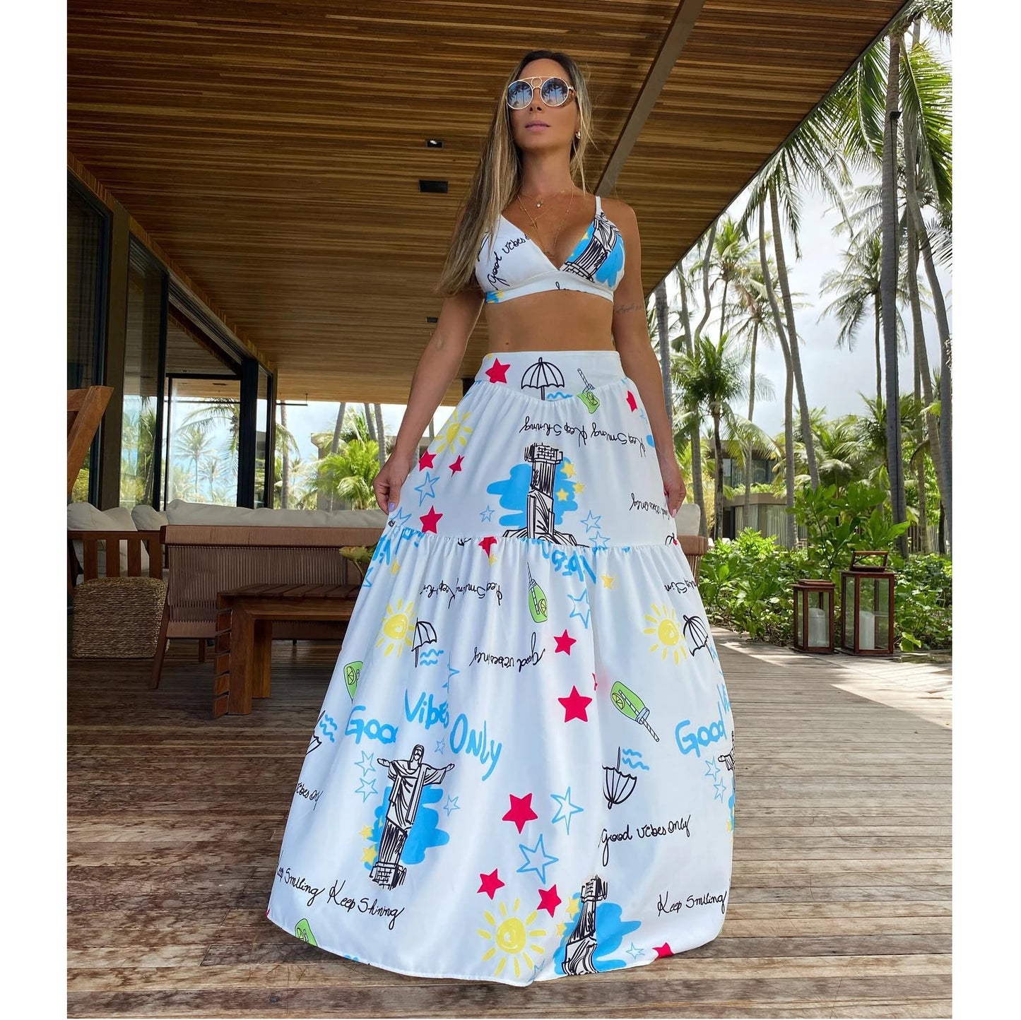 Summer New 2/3 Pieces Skirt Sets Long Skirt With Top V-neck Women's Dress High Waist Split Dresses Beach Outing Sundress