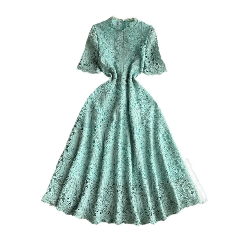 Stock Summer Autumn Holiday Hollow Out Flower Embroidery Lace Evening Prom Dress Women Short Sleeve Midi Long Party Vestidos