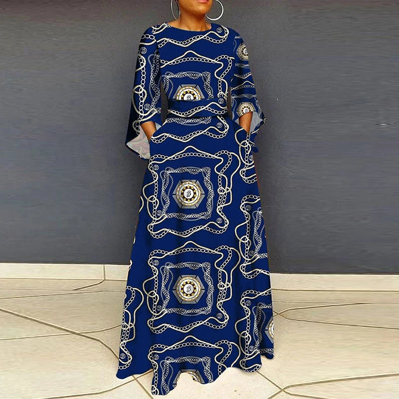 Vintage Women Party Dress Plus Size O Neck 3/4 Sleeve Leopard Print Maxi Long Dress Boho A-Line Pocket Party Dresses