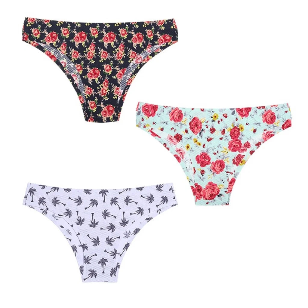 3PCS Ice Silk panties Ultra thin Seamless Underwear Soft Breathable Sexy lingerie Printing Briefs Women XS-L