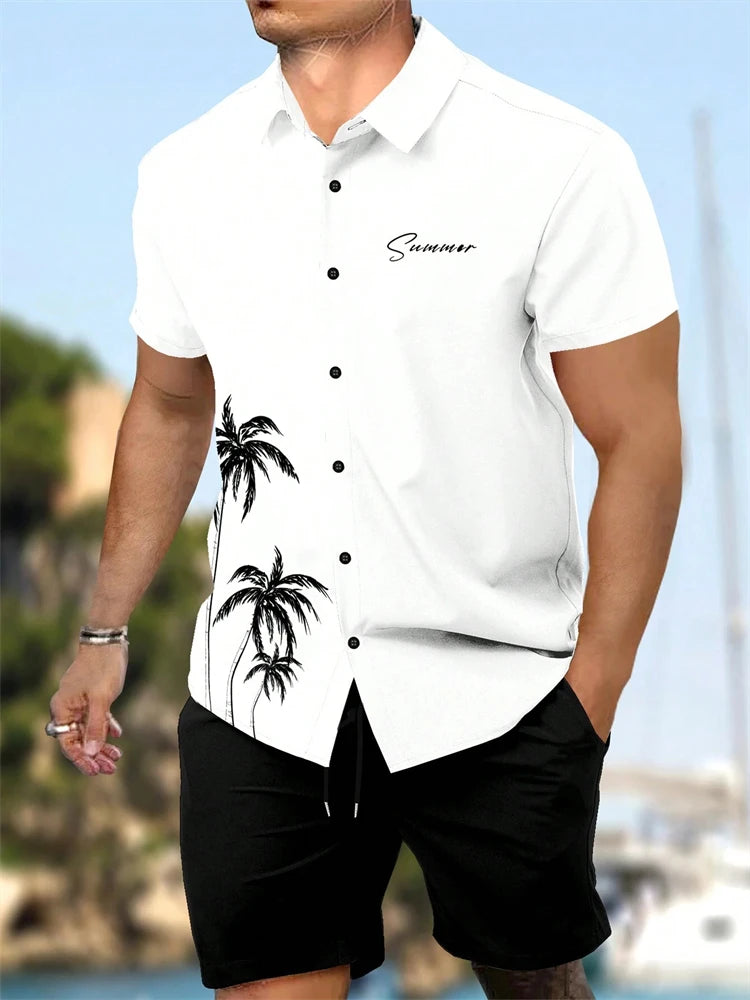 Summer New Men's Short Sleeve Shirt and Shorts 2 Piece Set Fashion Coconut Tree Print Lapel Shirt Beach Drawstring Shorts Set