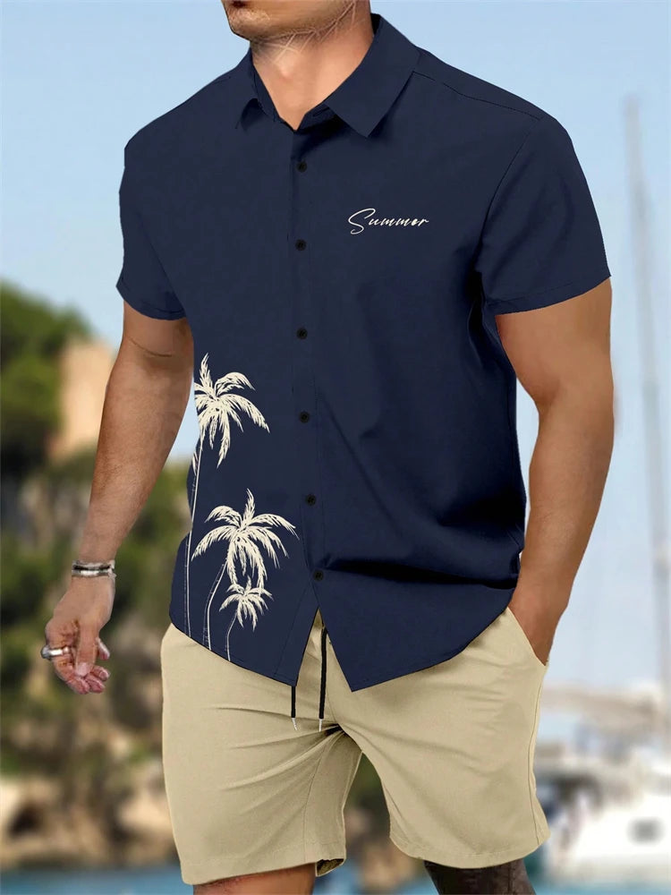 Summer New Men's Short Sleeve Shirt and Shorts 2 Piece Set Fashion Coconut Tree Print Lapel Shirt Beach Drawstring Shorts Set