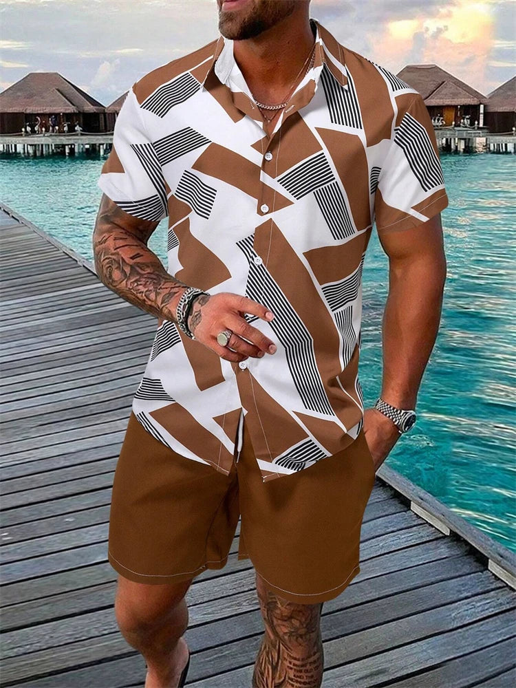 Summer New Men's Short Sleeve Shirt and Shorts 2 Piece Set Fashion Coconut Tree Print Lapel Shirt Beach Drawstring Shorts Set