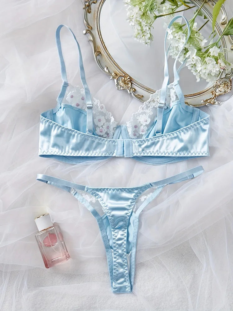 Sexy Blue Lingerie Set Fancy Seamless Underwear Luxury Satin Exotic Sets Delicate Embroidery Matching Outfits Push Up Bra Set