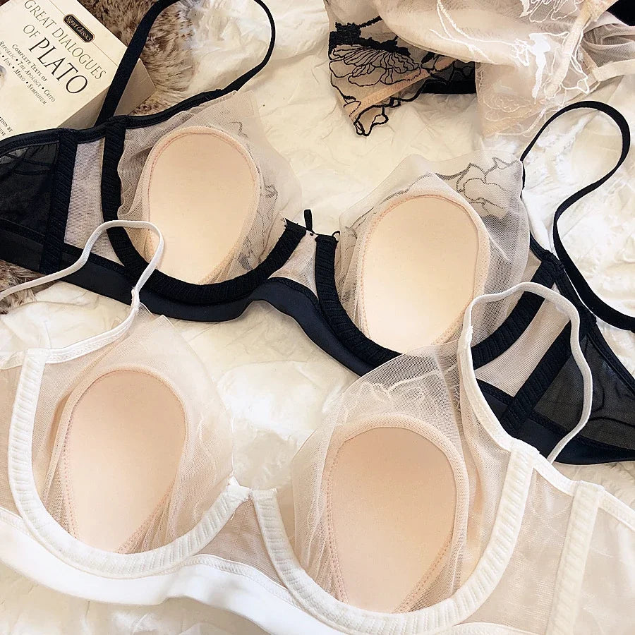 2 Pieces French Sexy Bra Set Women Lace Embroidery Underwear Comfort Breathable Lingerie Thin Cup Brassiere with Panties Sets