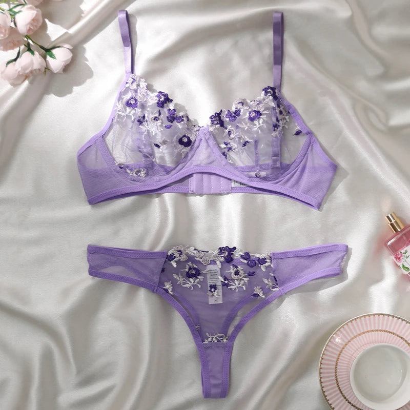 Yellow Sexy Lingerie Woman Lace Transparent Underwear Fairy Embroidery Brief Sets Delicate Bra Kit Push Up Erotic Breves Set