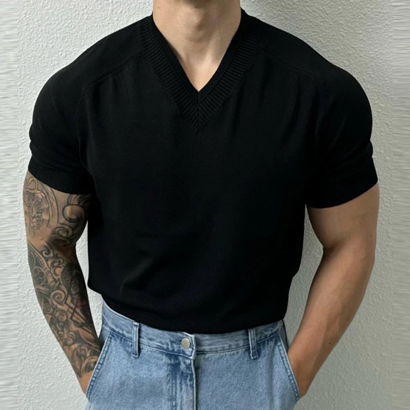Men's Clothing Light Luxury Knit V Neck Short-sleeved T Shirt Solid Color Leisure Korean Popular Streetwear Retro Knitwear M-3XL