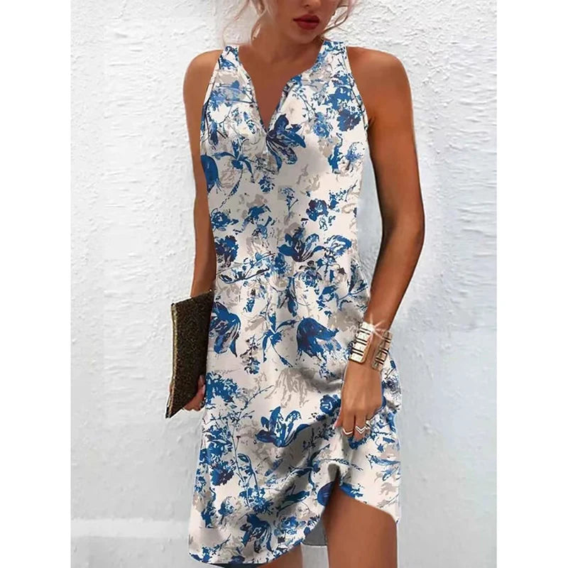 Women's Dresses 2023 Summer Vintage Flower Print Stitching V Neck Mini Dress Bohomian Sleeveless Button Plus Size Vestidos