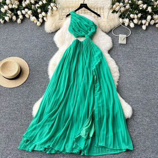 Chic Elegant Hollow Out Pleated Off Shoulder Off Waist Split Dress Vacation Diagonal Collar Women Ceremonial Vestidos Dresses