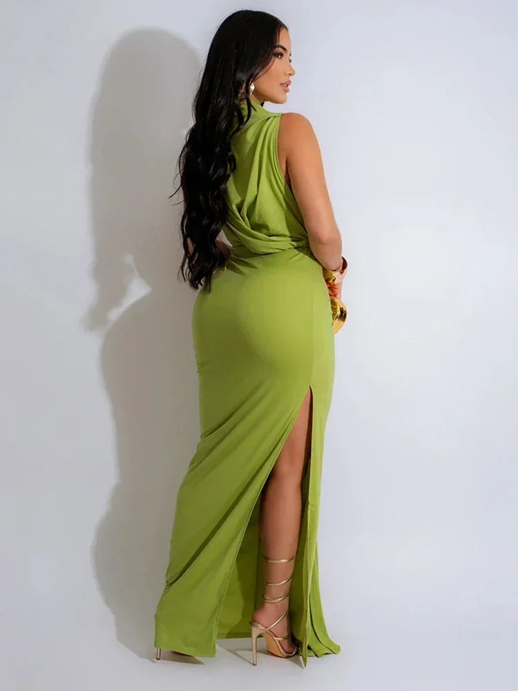 Women O-neck High Split Ruched Stacked Bodycon Midi Maxi Dress 2024 Evening Party Club Vestidos Sexy Chic Long Dresses