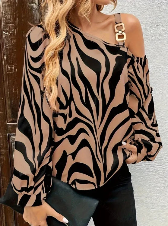 Sexy Women's Fashion Blouses Fall Summer Print Long-sleeve Off-shoulder Metal Buckle Shirts For Women Losse Pullover Streetwear