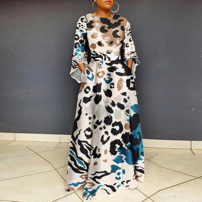 Vintage Women Party Dress Plus Size O Neck 3/4 Sleeve Leopard Print Maxi Long Dress Boho A-Line Pocket Party Dresses