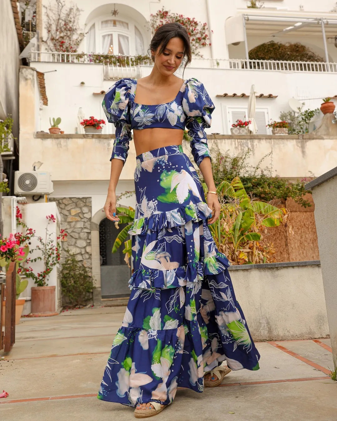 Summer New 2/3 Pieces Skirt Sets Long Skirt With Top V-neck Women's Dress High Waist Split Dresses Beach Outing Sundress