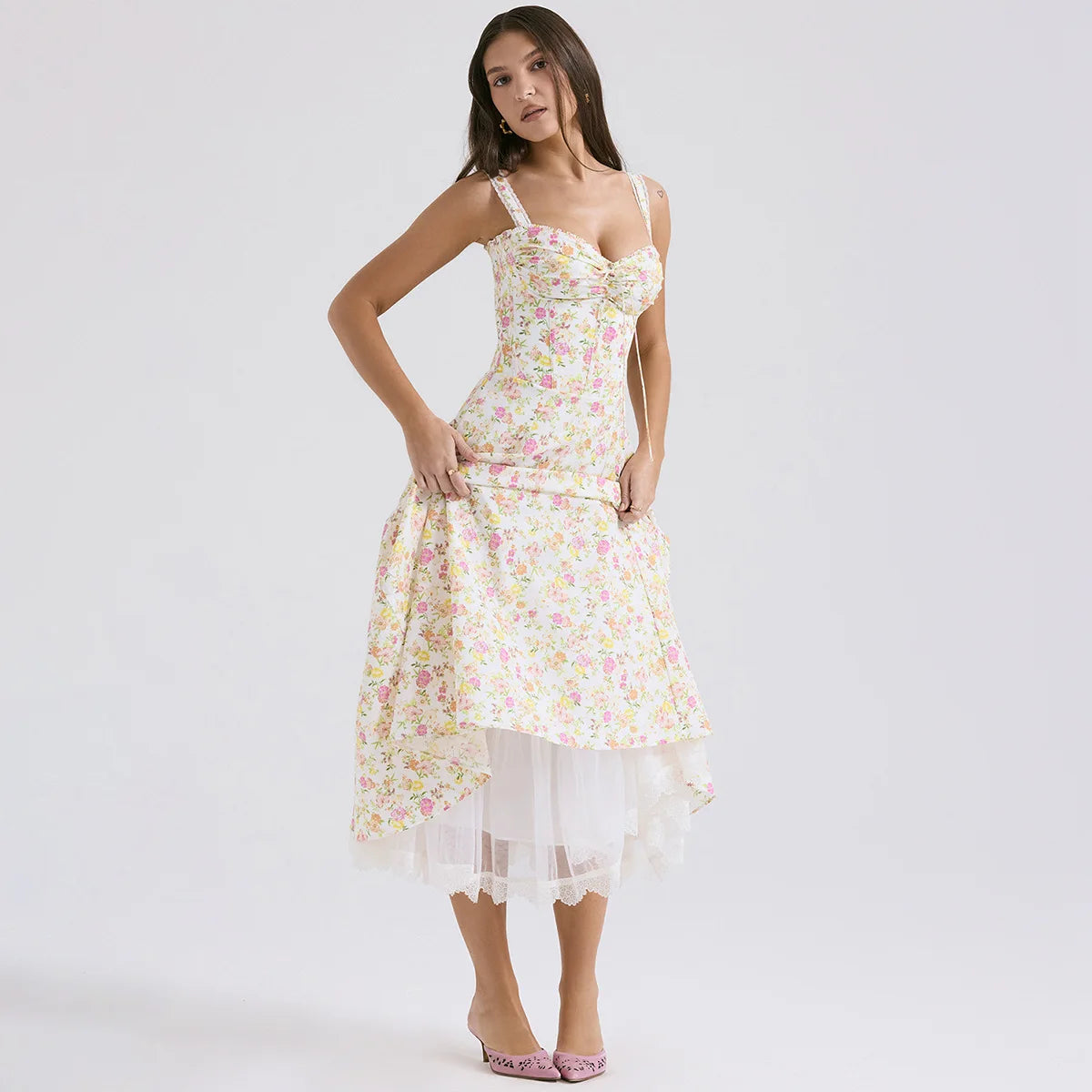 Summer Elegant Midi Dress New Arrivals Floral Print Casual Holiday Party Dress Flare Women Dress Wholesale