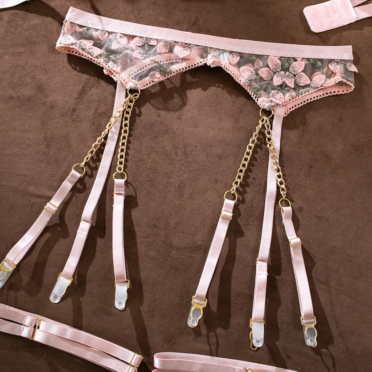 Girl Embroidered Flower Perspective Lingerie Set Women's Sweet Sexy Chain Underwear Female Solid See Though Bra Three Piece Set